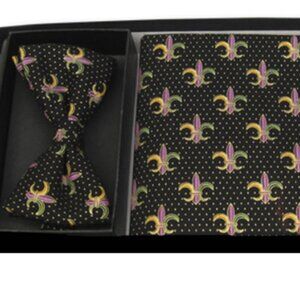 Mardi Gras FLEUR DE LIS W/ GOLD PIN DOT CUMMERBUND & BOW TIE SET